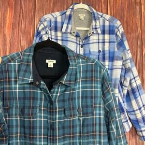 LL Bean Womens Flannel Shirt Bundle of 2 Medium Blue Plaid Button Fleece Lined